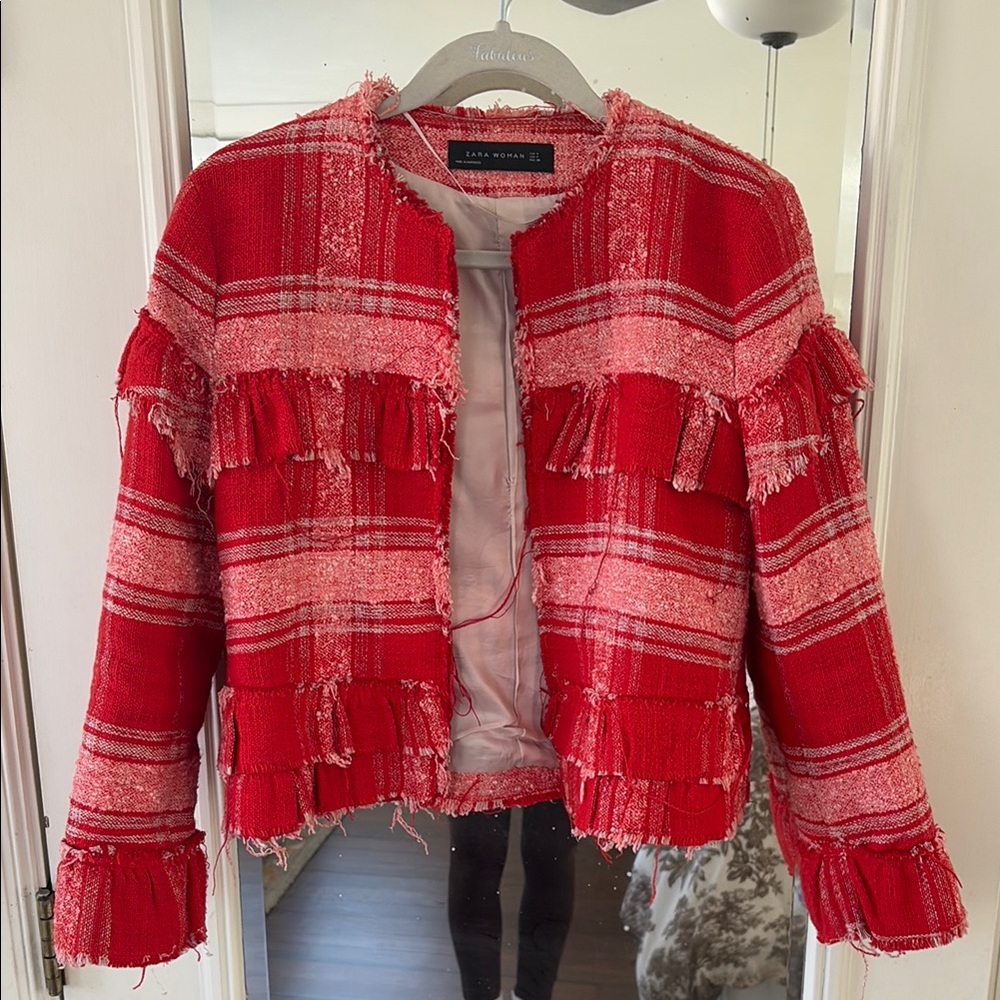 Zara Red Cropped Blazer with Fringed Details